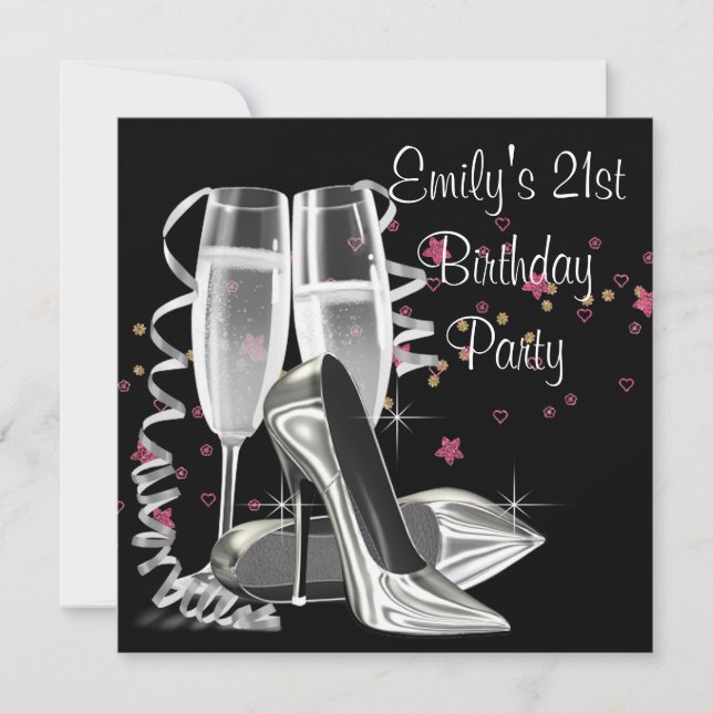 Black Champagne High Heels 21st Birthday Party Invitation (Front)