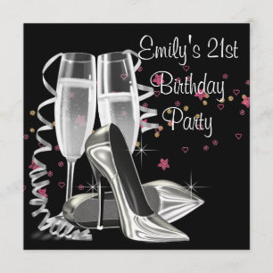 Black Champagne High Heels 21st Birthday Party Invitation