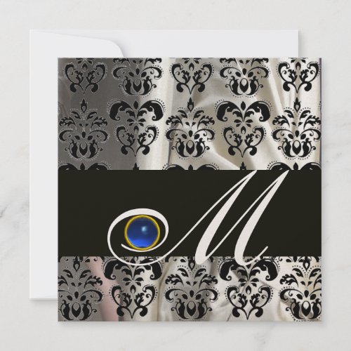 BLACK CHAMPAGNE SILK DAMASK MONOGRAM BLUE SAPPHIRE INVITATION