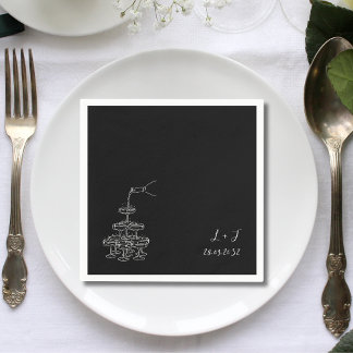 Black Champagne Tower Monogram Wedding Cokctail Napkins