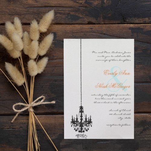 Black Chandelier Coral Turquoise Damask Wedding Invitation