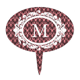 Black Chandelier Damask and White Frame Monogram Cake Topper