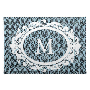 Black Chandelier Damask and White Frame Monogram Placemat