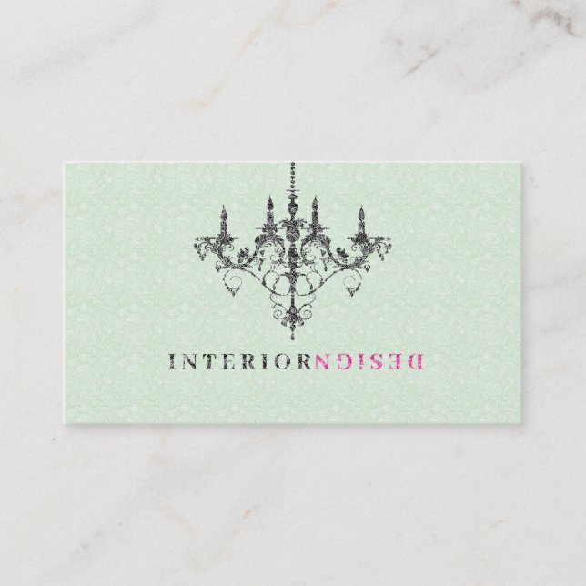 Black Chandelier Green Background Interior Design Business Card (Front)