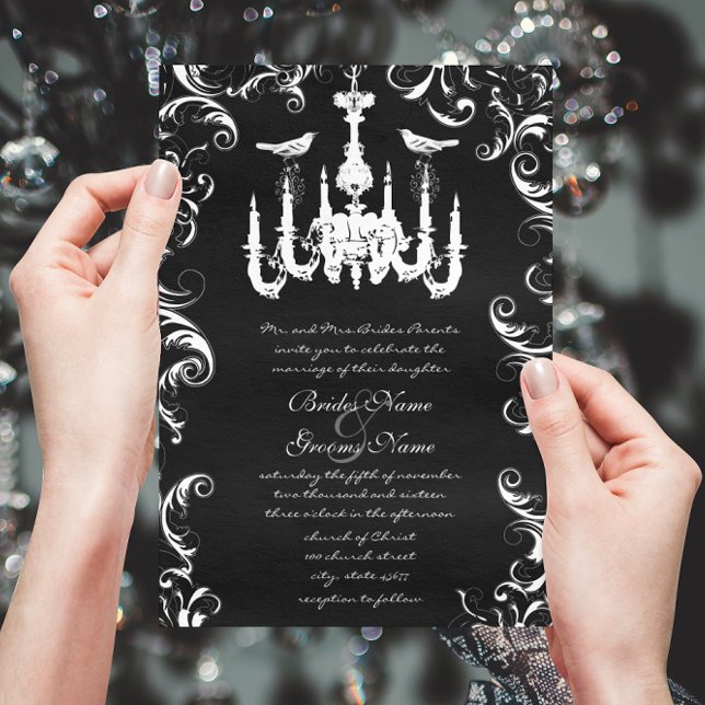 Black Chandelier Love Bird Wedding Invitation (Creator Uploaded)