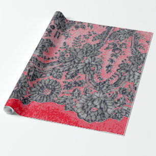 BLACK CHANTILLY LACE AND RED Wrapping Paper