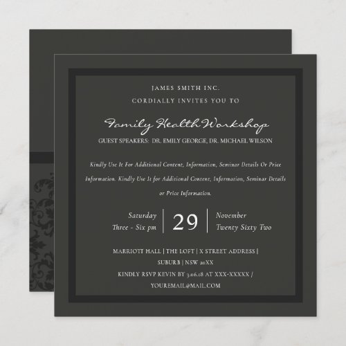 BLACK CHARCOAL DAMASK CLASSIC WORKSHOP EVENT INVITATION