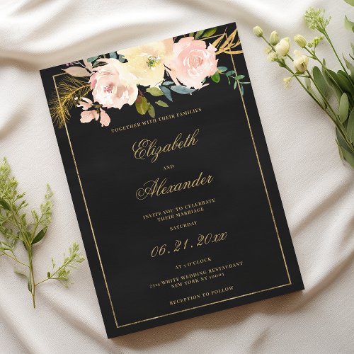 Black charcoal gold pink coral floral wedding  invitation