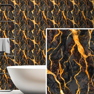Black Charcoal Gray Brown & Bright Gold Marbled Wallpaper