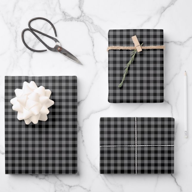 Black Charcoal Gray Gingham Check Plaid Masculine Wrapping Paper Sheets (Front)