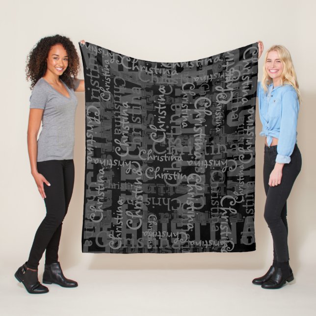 Black Charcoal Gray Name Collage Personalized Fleece Blanket (In Situ)