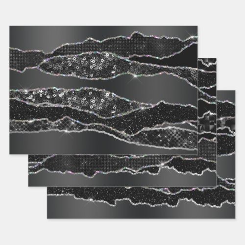 Black charcoal gray silver foil glitter classy  wrapping paper sheets