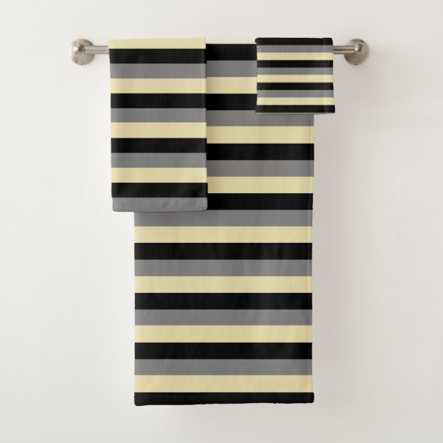 Black, Charcoal Grey and Beige Stripes Bath Towel Set (Insitu)
