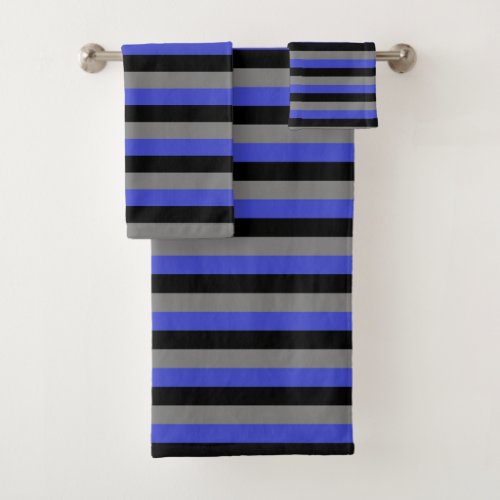 Black Charcoal Grey and Blue Stripes Bath Towel Set