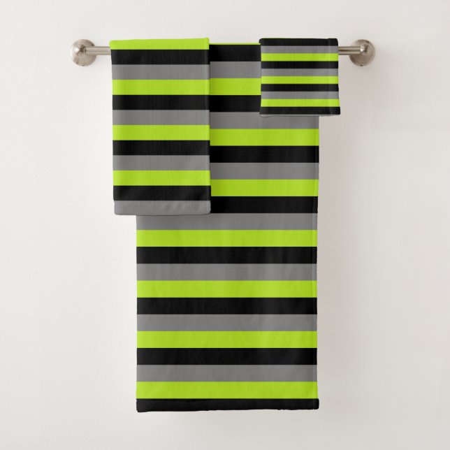 Black, Charcoal Grey and Lime Green Stripes Bath Towel Set (Insitu)