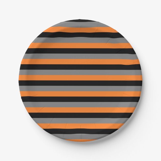 Black, Charcoal Grey and Orange Stripes Paper Plates (Front)