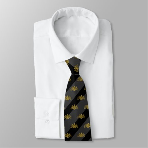 Black  Charcoal Grey Stripe Gold Lion Emblem Tie