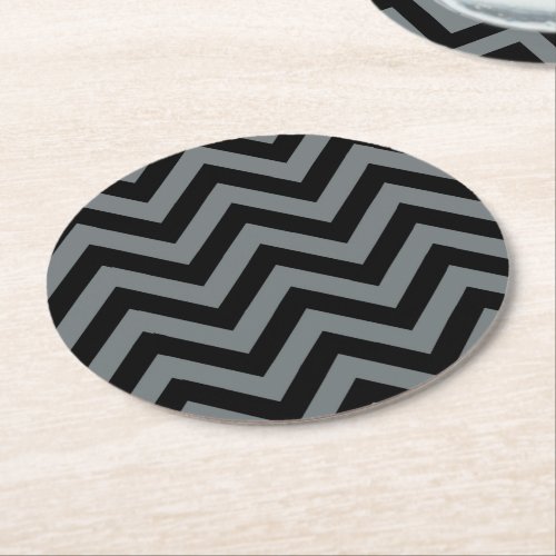 Black Charcoal Large Chevron ZigZag Pattern Round Paper Coaster