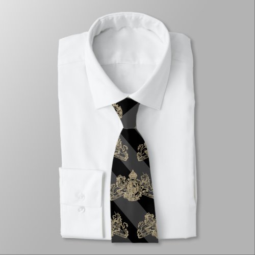 Black Charcoal Tuxedo Stripe White Gold Emblem Tie