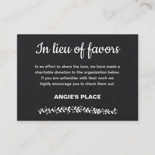 Black Charity Donation In Lieu Of Favors Wedding Place Card