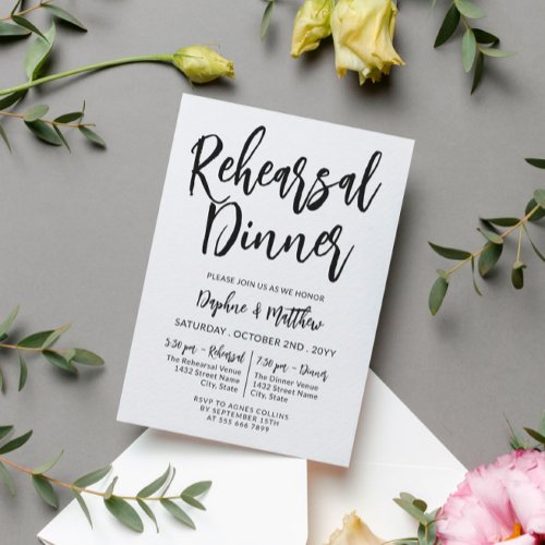 Black Charming Calligraphy Rehearsal Dinner Invitation