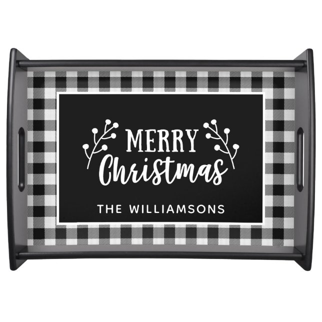 Black Check Merry Christmas  Farmhouse Decor Serving Tray (Front)