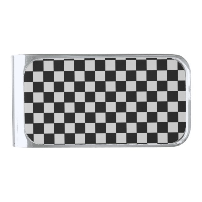 black-check-pattern silver finish money clip (Front)