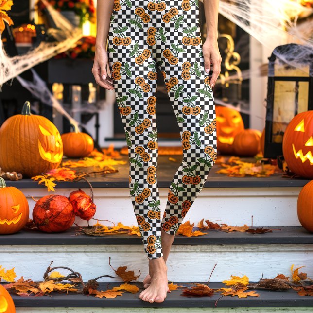 Black Checkerboard Cherry Pumpkins Pattern Leggings (Creator Uploaded)