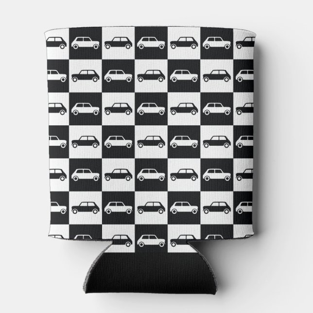 Black Checkerboard Mini Cooper Can Cooler (Back)