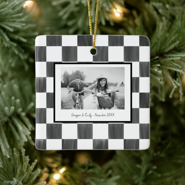 Black Checkerboard Personalized Photo Ceramic Ornament (Tree)