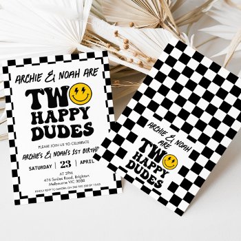 Black Checkerboard Twins Happy Dude 1st Birthday Invitation by Sugar_Puff_Kids at Zazzle