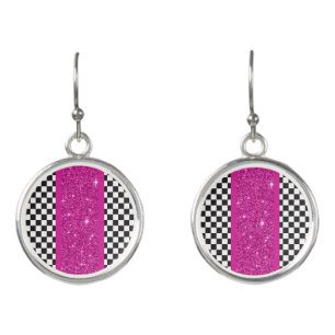 black checkered and pink geometric shape earrings