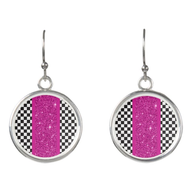 black checkered and pink geometric shape earrings (Front)