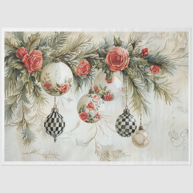 Black Checkered and Roses Tissue Paper (Front)