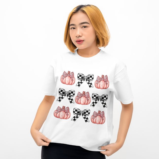  Black Checkered Bow Coquette Pink Leopard Pumpkin T-Shirt (Creator Uploaded)