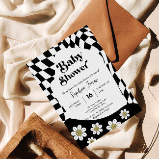 Black Checkered Girl | Gingham | 70s baby shower I Invitation