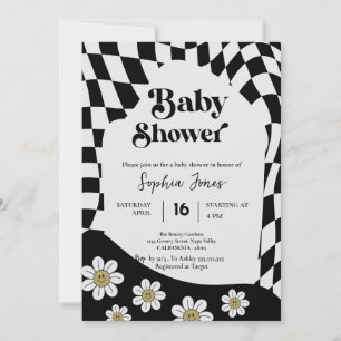 Black Checkered Girl Gingham 70s baby shower I Invitation