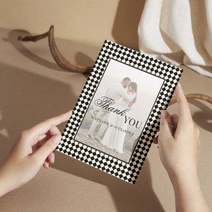 Black Checkered Old Money Photo Wedding Folded Thank You Card