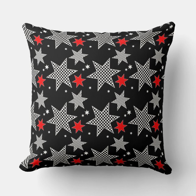 Black Checkered Stars Throw Pillow (Front)
