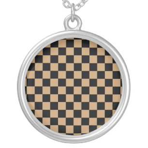 Black checkers on brown background silver plated necklace
