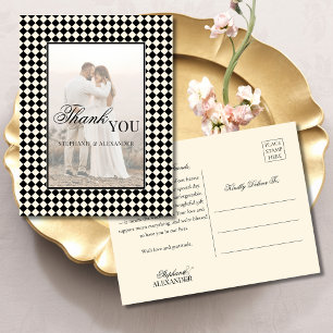 Black Checks Old Money Photo Wedding Thank You Postcard