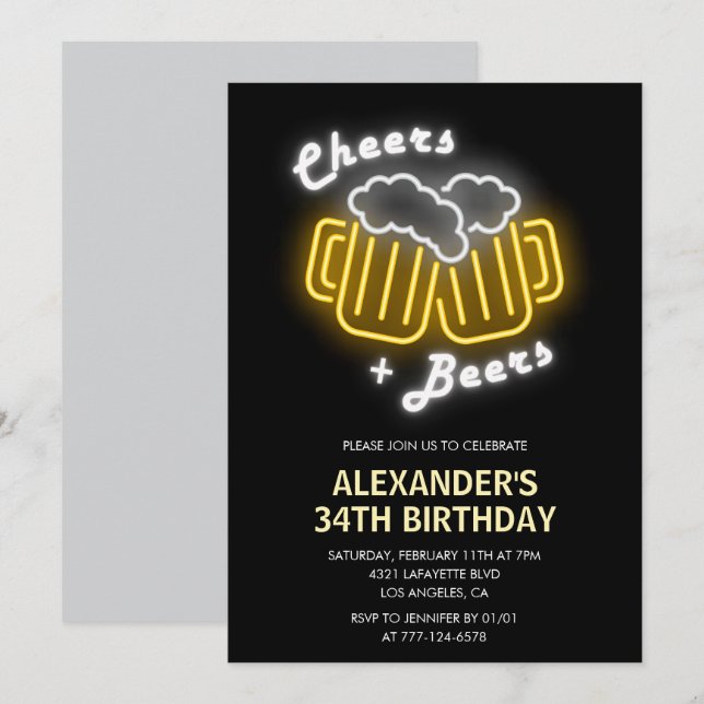 Black Cheers and Beers Drinks 34th birthday Invitation (Front/Back)