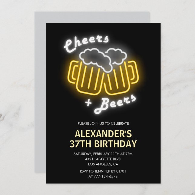 Black Cheers and Beers Drinks 37th birthday Invitation (Front/Back)
