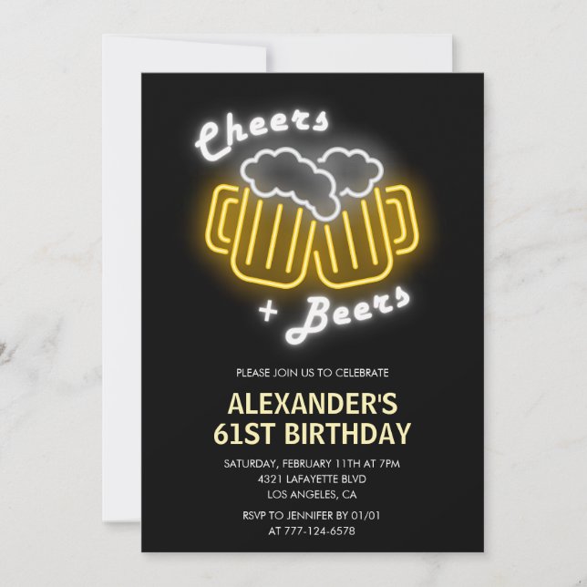 Black Cheers and Beers Drinks 61st birthday Invitation (Front)