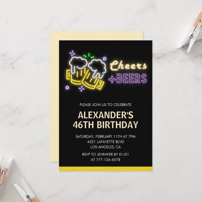Black Cheers Beer Drinks 46th birthday invitation  (Front/Back In Situ)