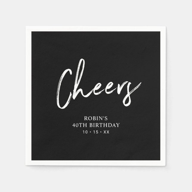 Black | Cheers Brush Script Adult Birthday Party Napkins (Front)