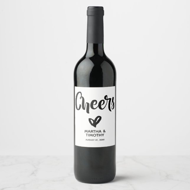 Black Cheers Casual Script Personalized Wine Label (Front)