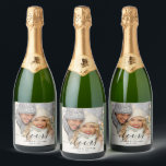 Black Cheers Elegant Calligraphy Photo<br><div class="desc">Elegant calligraphy sparkling wine labels with "cheers" script,  custom text and a photo. For more advanced customization of this design,  please click the BLUE DESIGN TOOL BUTTON. Matching items are also available.</div>