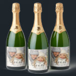 Black Cheers Elegant Calligraphy Photo Sparkling Wine Label<br><div class="desc">Elegant calligraphy sparkling wine labels with "cheers" script,  custom text and a photo. For more advanced customization of this design,  please click the BLUE DESIGN TOOL BUTTON. Matching items are also available.</div>