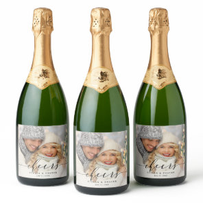 Black Cheers Elegant Calligraphy Photo Sparkling Wine Label
